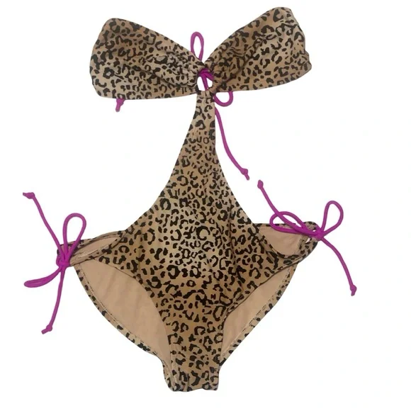 Leopard Animal Print Strapless One Piece Side Cutout Beige Adjustable Swimsuit - Picture 8 of 9